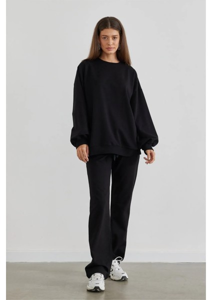 Kadın Siyah Iki Iplik Openet Düz Paça Eşofman