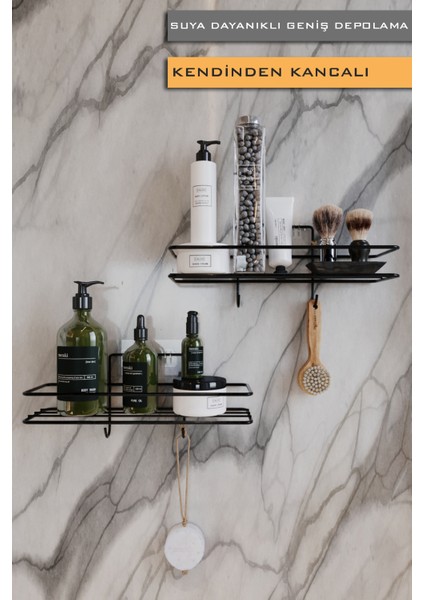 Paslanmaz 2li Set Banyo Düzenleyici Şampuanlık Mat Siyah Yapışkanlı 4 Askılı Duş Rafı Paslanmaz Organizer