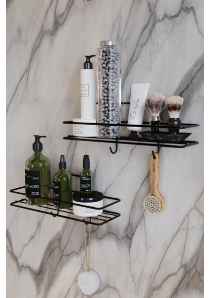 Paslanmaz 2li Set Banyo Düzenleyici Şampuanlık Mat Siyah Yapışkanlı 4 Askılı Duş Rafı Paslanmaz Organizer