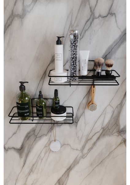 Paslanmaz 2li Set Banyo Düzenleyici Şampuanlık Mat Siyah Yapışkanlı 4 Askılı Duş Rafı Paslanmaz Organizer