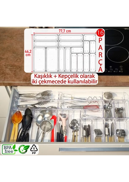 Color House 16'lı Set Modüler Kepçelik ve Kaşıklık Çekmece Içi Düzenleyici Şeffaf Clear Mutfak Çatal Bıçak Kaşık Organizer