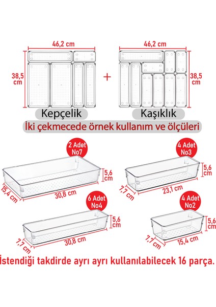 Color House 16'lı Set Modüler Kepçelik ve Kaşıklık Çekmece Içi Düzenleyici Şeffaf Clear Mutfak Çatal Bıçak Kaşık Organizer