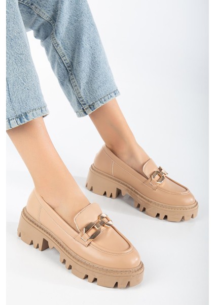 Nude Renk, Cilt, Altın Toka Detaylı, Topuk Boyu 5cm, Poli Ratan Taban, Oxford Kadın Ayakkabı