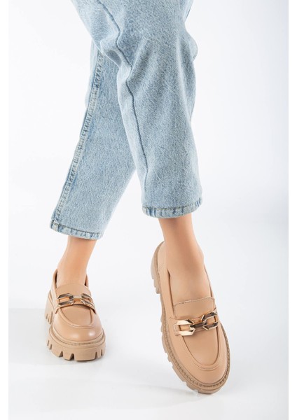 Nude Renk, Cilt, Altın Toka Detaylı, Topuk Boyu 5cm, Poli Ratan Taban, Oxford Kadın Ayakkabı modelleri