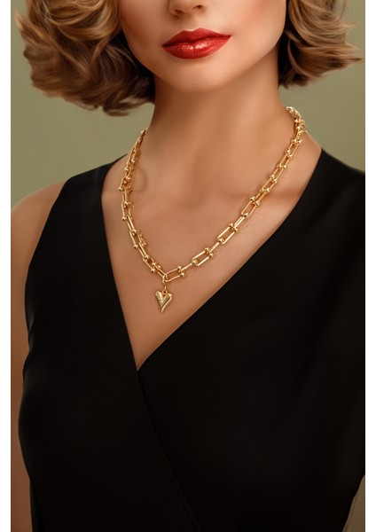 Tifany Kalpli Zincir Kolye, Çelik Zincir Kolye, Kalin Zincir Kolye, Altin Kolye Zincir, Kalp Kolye modelleri