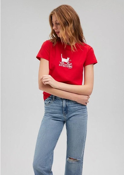 Kedi Baskılı Grafik Kadın Tşört