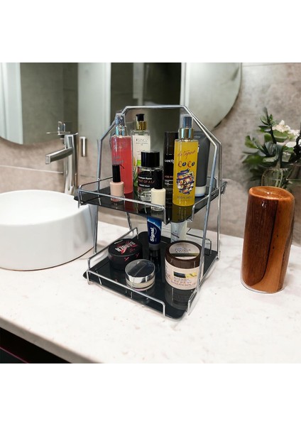 2 Katlı Üçgen Siyah Metal Banyo, Mutfak, Makyaj Organizatörü - Model 3