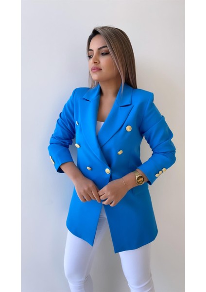 Fleto Cep Gold Düğmeli Blazer Ceket Mavi