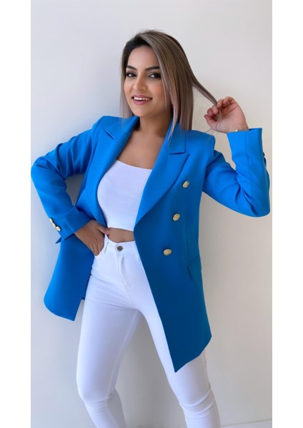 Fleto Cep Gold Düğmeli Blazer Ceket Mavi