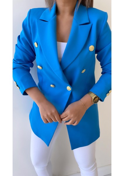 Fleto Cep Gold Düğmeli Blazer Ceket Mavi
