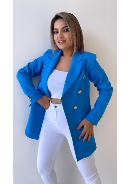 Fleto Cep Gold Düğmeli Blazer Ceket Mavi