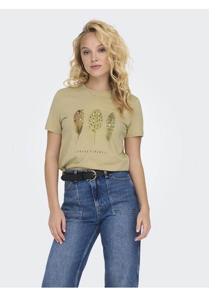 Kadın T-Shirt Haki 15316706 Onlkıta Lıfe Reg S/s Feathers Top Jrs