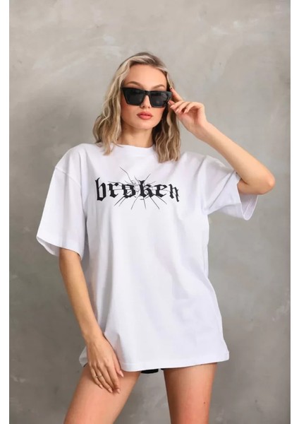 Unisex Baskılı Oversize T-Shirt - Beyaz fırsatları