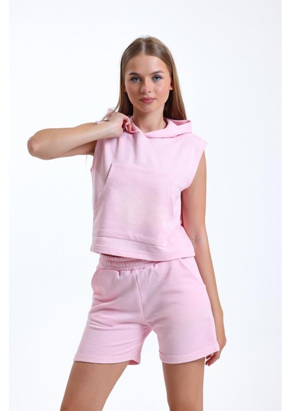 Pembe Kolsuz Kapüşonlu Crop Tişört