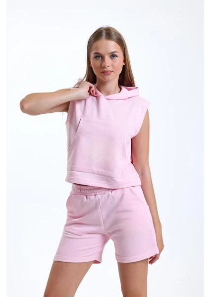 Pembe Kolsuz Kapüşonlu Crop Tişört