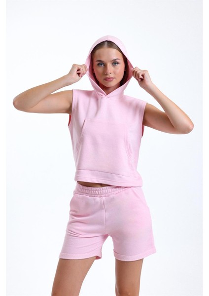 Pembe Kolsuz Kapüşonlu Crop Tişört