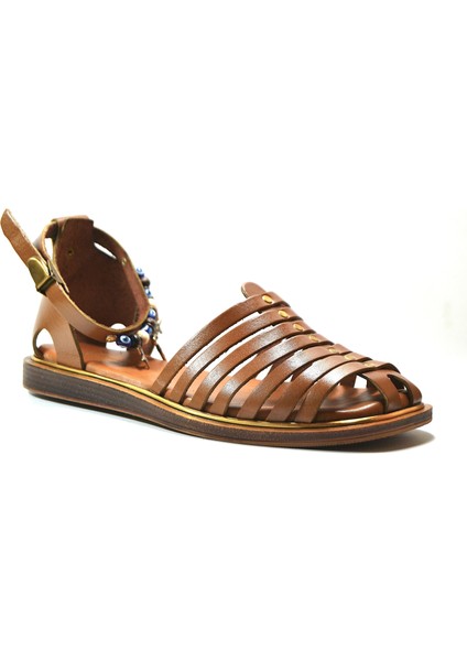 101-301 Deri Taba Boncuklu Kadın Bodrum Sandalet