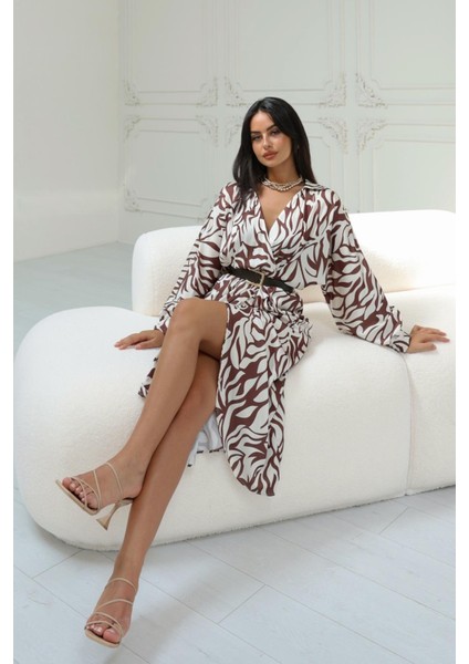 Kadın Kruvaze Yaka Kemerli Uzun Saten Elbise fiyatları