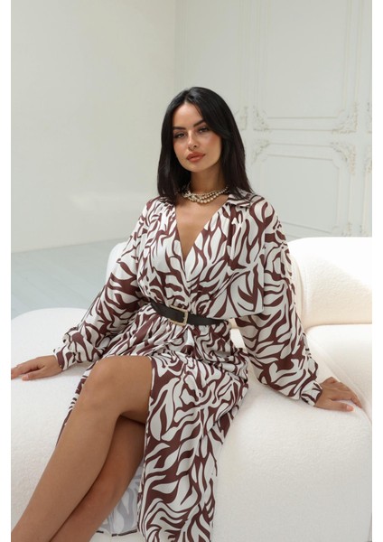 Kadın Kruvaze Yaka Kemerli Uzun Saten Elbise modelleri