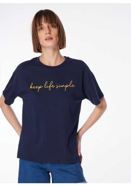 Bisiklet Yaka Baskılı Lacivert Kadın T-Shirt F4SL-TST0746