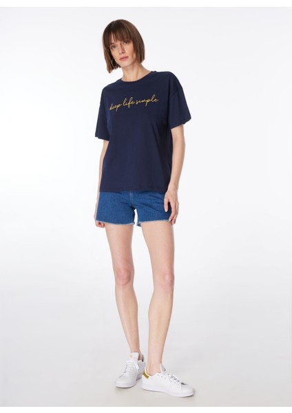 Bisiklet Yaka Baskılı Lacivert Kadın T-Shirt F4SL-TST0746 fiyatları