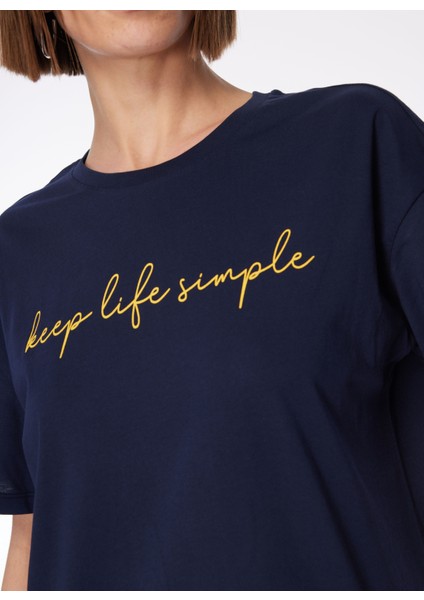 Bisiklet Yaka Baskılı Lacivert Kadın T-Shirt F4SL-TST0746 fırsatları