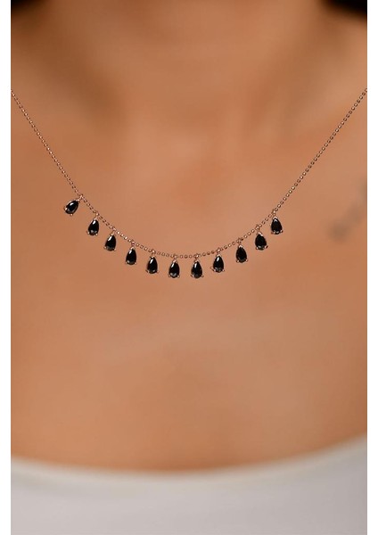 Oniks Taşlı Rose Shakira Damla Gümüş Kolye