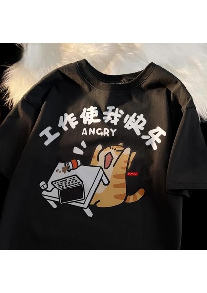 Angry Cat Oversize Siyah T-Shirt