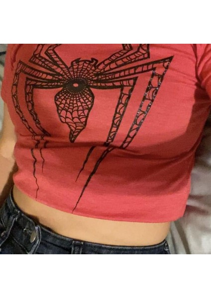 Spider Baskılı Kırmızı Crop Bluz