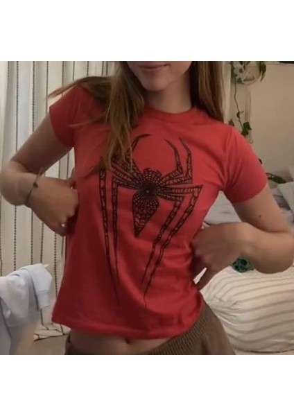 Spider Baskılı Kırmızı Crop Bluz
