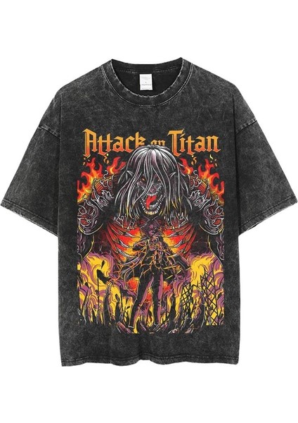 Yıkamalı Anime Attack On Titan Baskılı Oversize Vintage T-Shirt