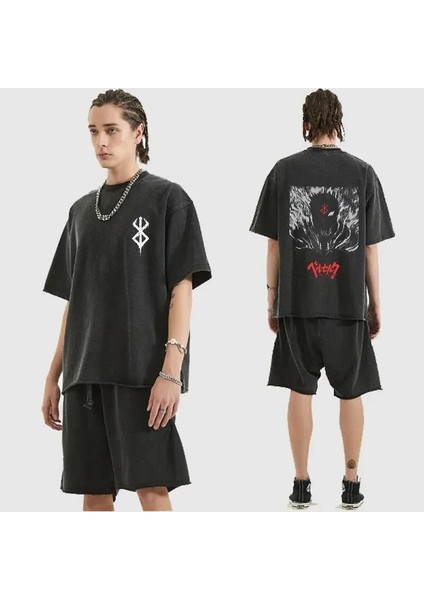 Yıkamalı Anime Berserk Baskılı Oversize Vintage T-Shirt