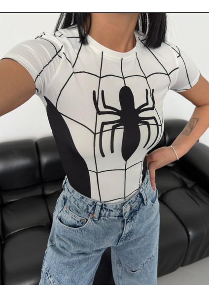 Spider Dijital Baskılı Crop Bluz