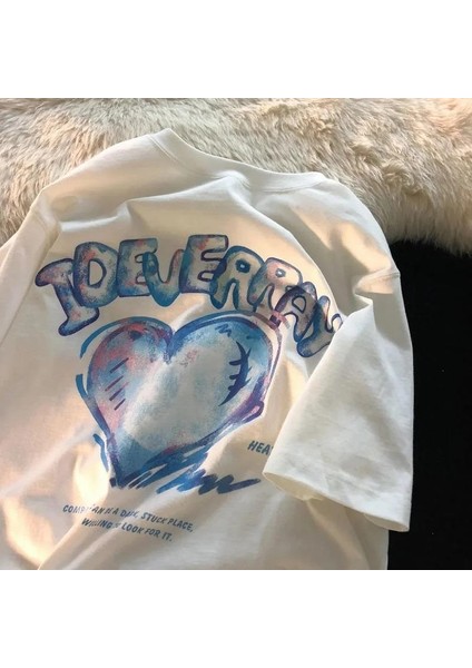Heart Baskılı Beyaz Oversize T-Shirt