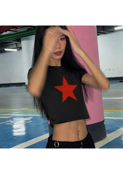 Red Star Baskılı Siyah Crop