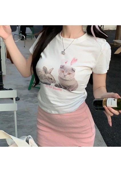 Y2K Rabbit And Cat Beyaz Crop