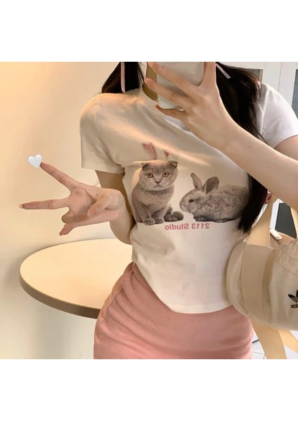 Y2K Rabbit And Cat Beyaz Crop fiyatları