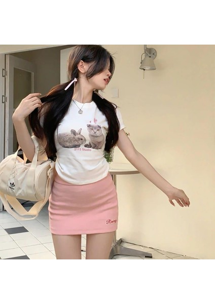 Y2K Rabbit And Cat Beyaz Crop fırsatları