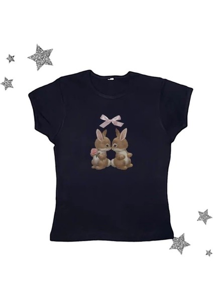 Cute Rabbit Baskılı Crop Bluz