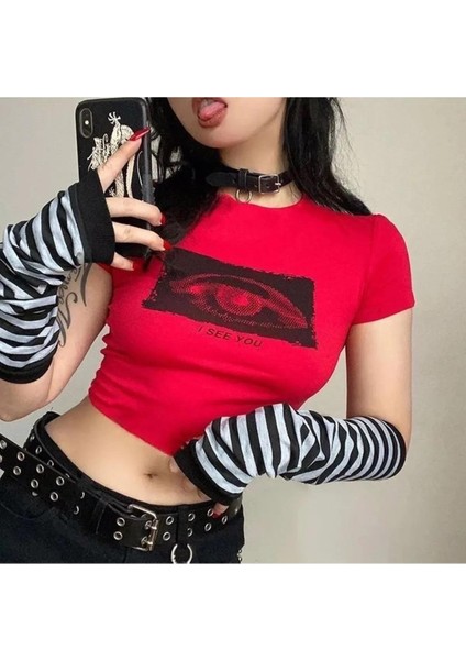 Y2K Kırmızı I See You Baskılı Kırmızı Crop Bluz