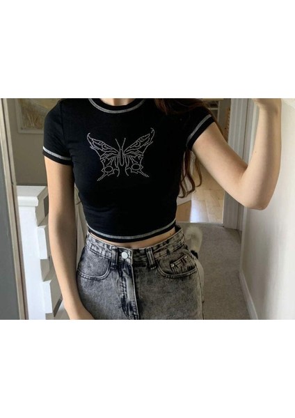 Ters Dikiş Taşlı Butterfly Crop Bluz