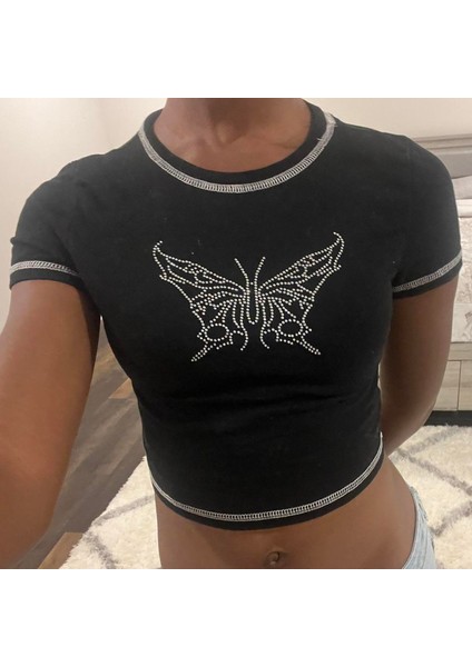 Ters Dikiş Taşlı Butterfly Crop Bluz fiyatları