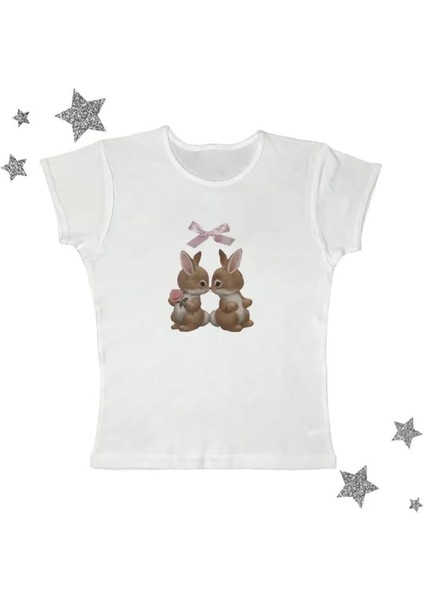 Cute Rabbit Baskılı Crop Bluz