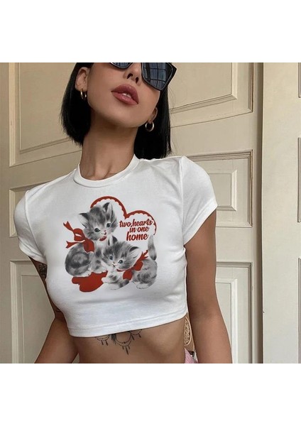 Y2K Cute Cat Beyaz Crop