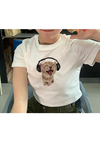 Y2K Beyaz Sevimli Kedi Crop