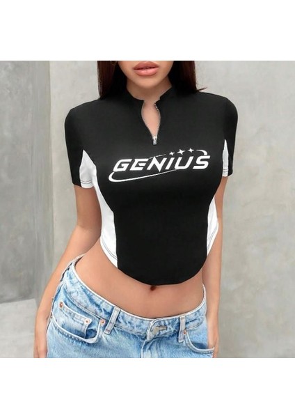 Genius Baskılı Siyah Crop modelleri
