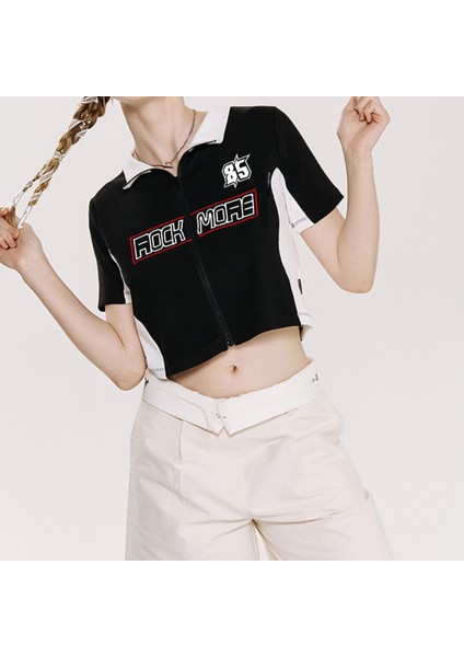 Rock More Baskılı Fermuarlı Crop Top