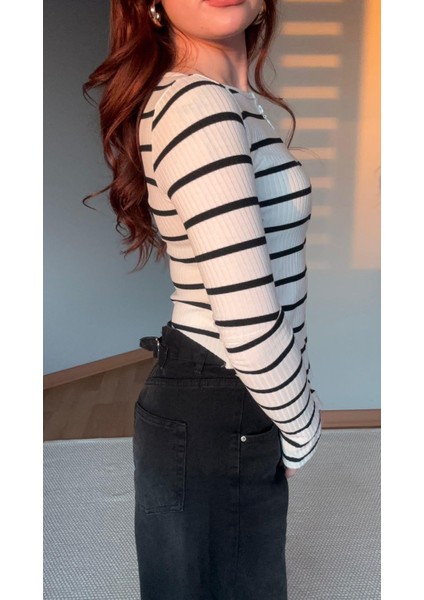 Ribanalı Çizgili Fermuarlı Crop Bluz fiyatları