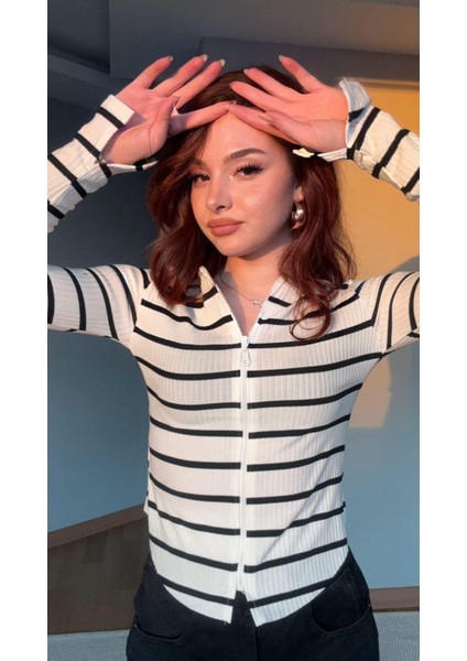 Ribanalı Çizgili Fermuarlı Crop Bluz modelleri