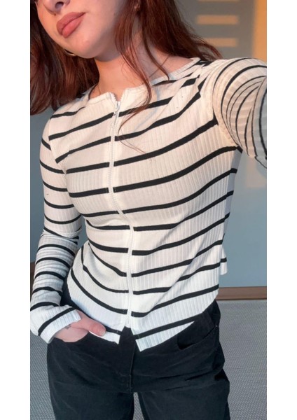 Ribanalı Çizgili Fermuarlı Crop Bluz indirimleri